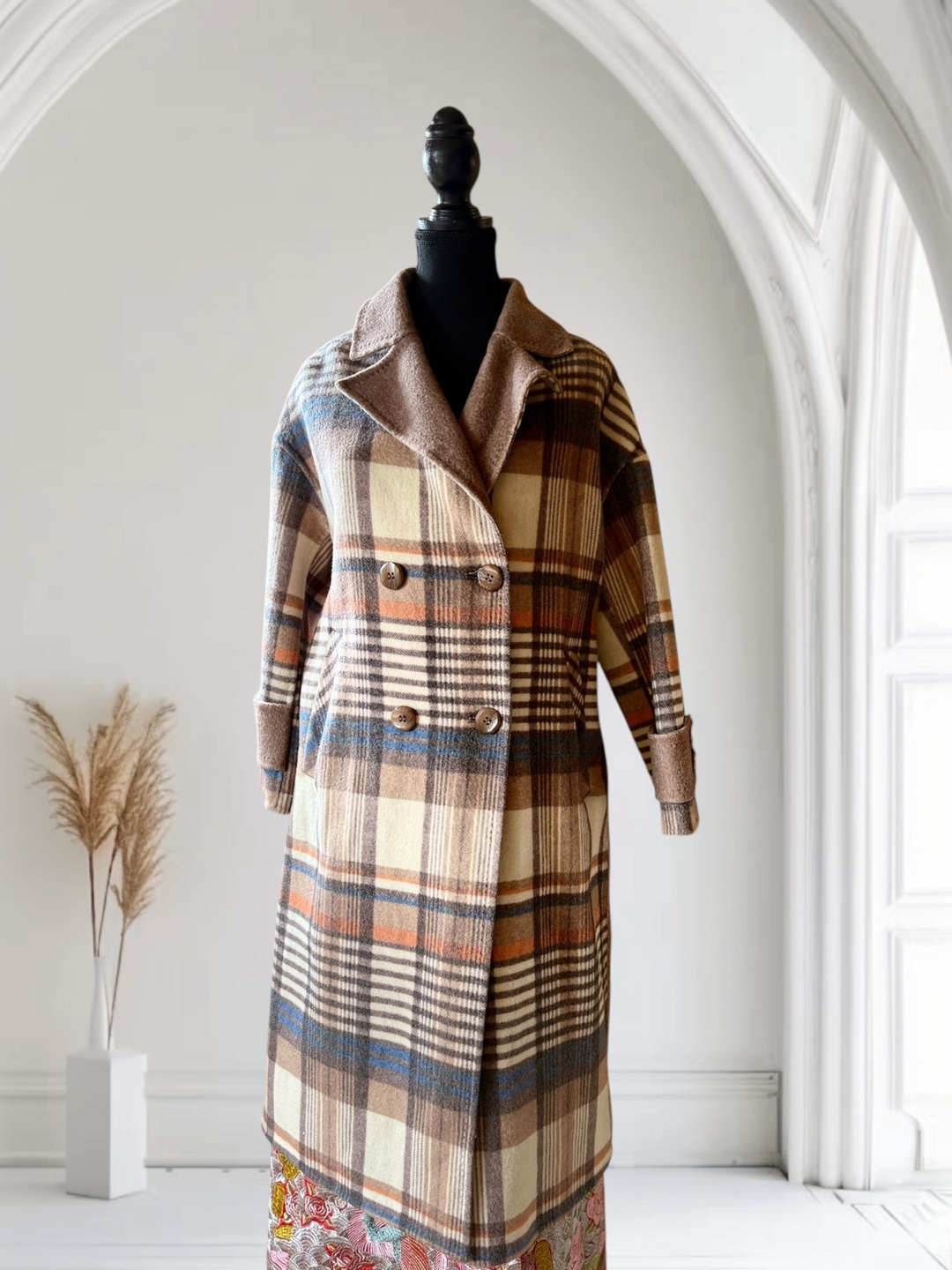 Women's Plaid Double-Breasted Longline Coat