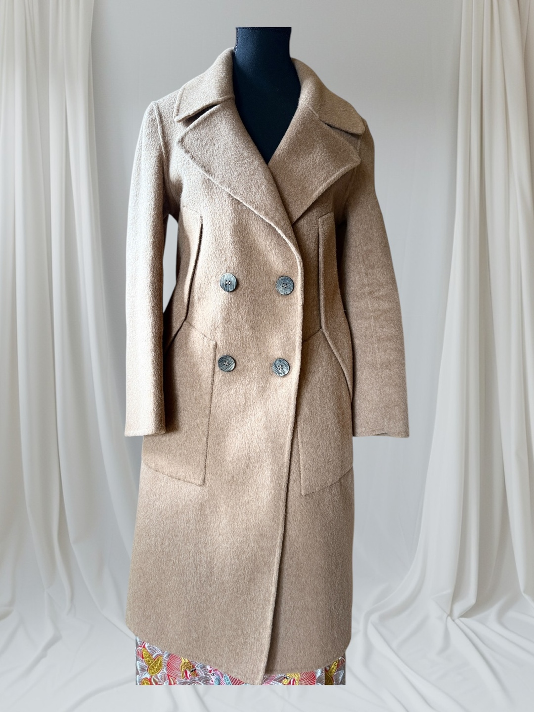 Women's Beige Double-Breasted Wool Coat