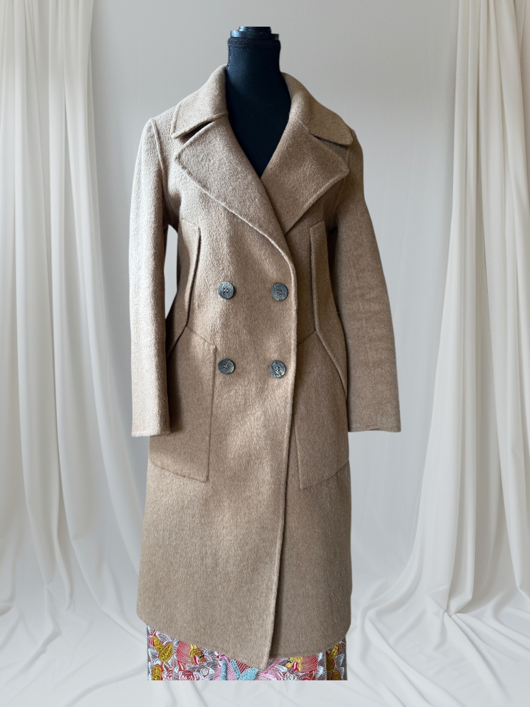 Women's Beige Double-Breasted Wool Coat - photo 2