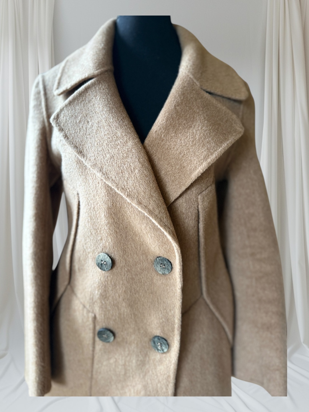 Women's Beige Double-Breasted Wool Coat - photo 3