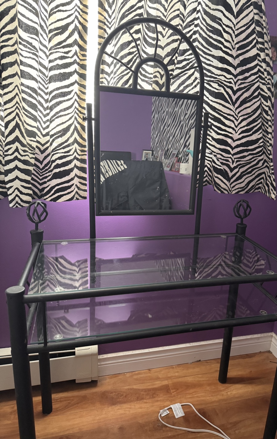 Black Metal Vanity with Glass Top and Mirror
