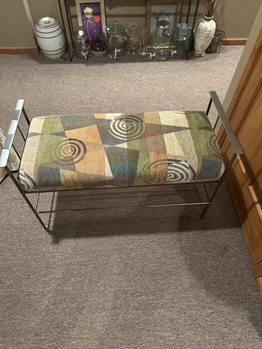Metal Frame Bench with Abstract Pattern Upholstery