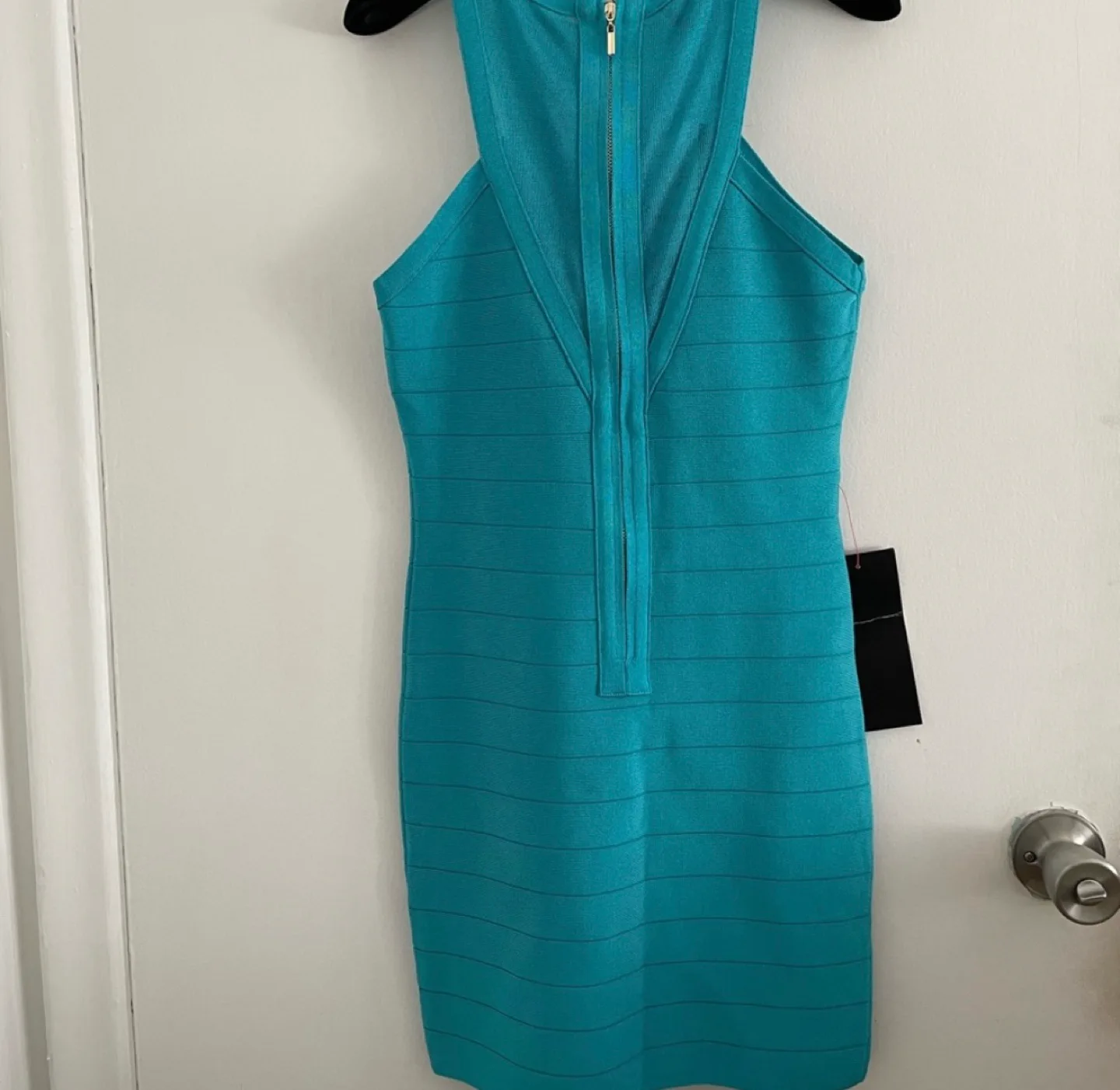 NWT BEBE Turquoise Bandage Mini Dress image indicator(6)