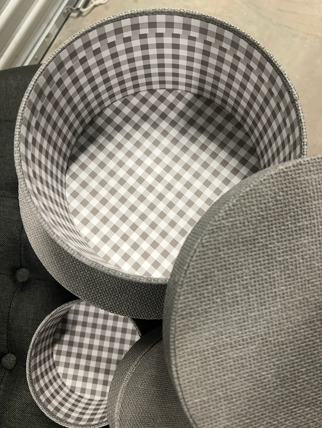 Set of 3 Gray Round Storage Boxes with Gingham Lining image indicator(2)