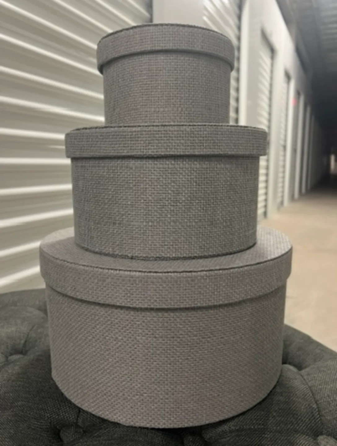 Set of 3 Gray Round Storage Boxes with Gingham Lining image indicator(5)