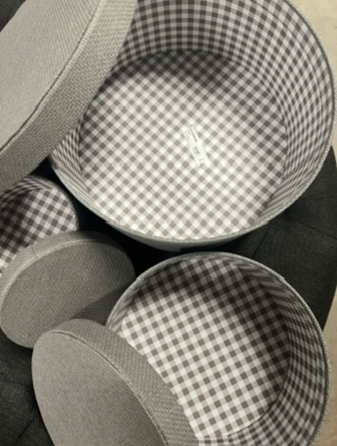 Set of 3 Gray Round Storage Boxes with Gingham Lining image indicator(3)