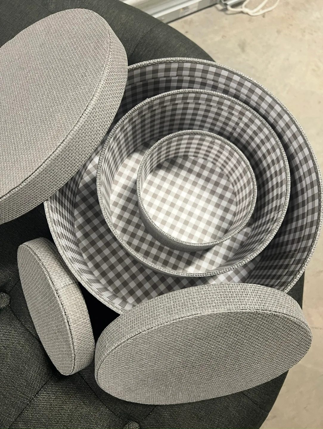 Set of 3 Gray Round Storage Boxes with Gingham Lining image indicator(4)