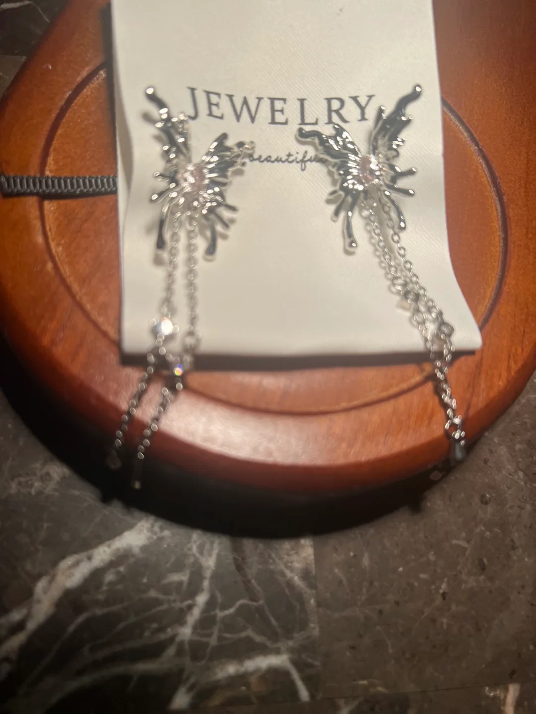 Silver Butterfly Dangle Earrings with Rhinestones image indicator(2)