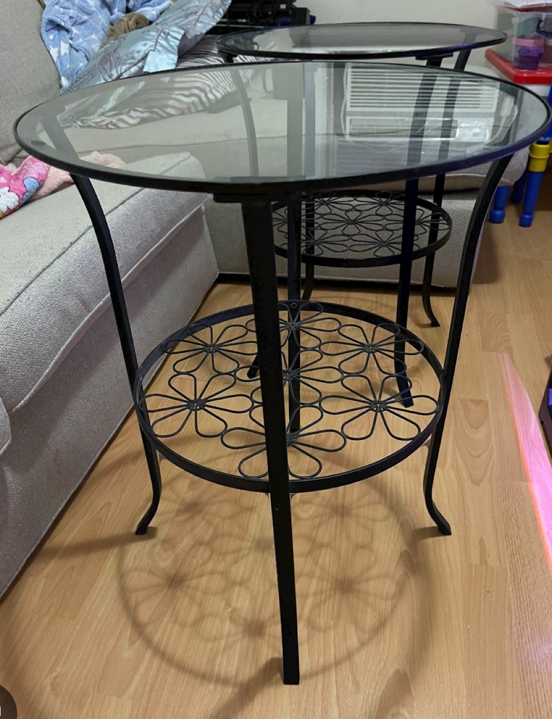 2 IKEA Klingsbo Glass Top Metal Side Tables with Flower design.