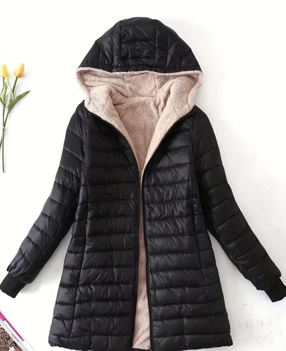 Women's Black Quilted Puffer Jacket with Sherpa Lining