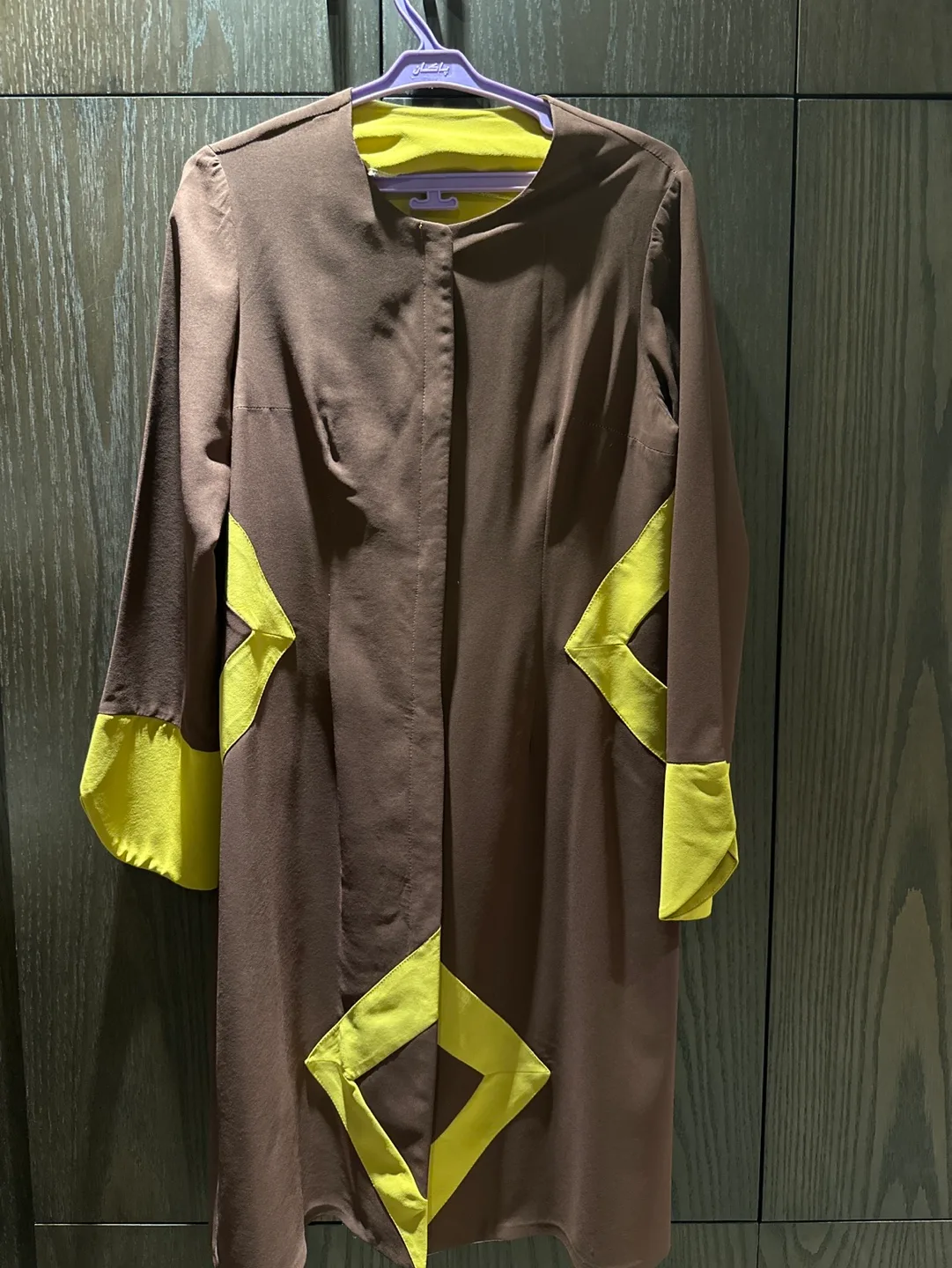 Unique Brown and Mustard Yellow Long-Sleeve Collared Dress image indicator(2)