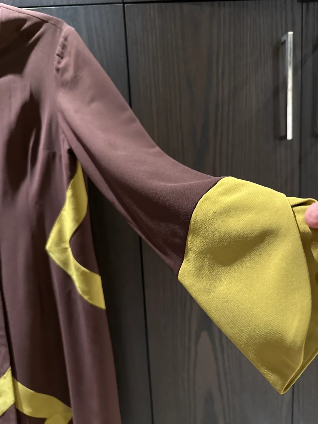 Unique Brown and Mustard Yellow Long-Sleeve Collared Dress image indicator(3)