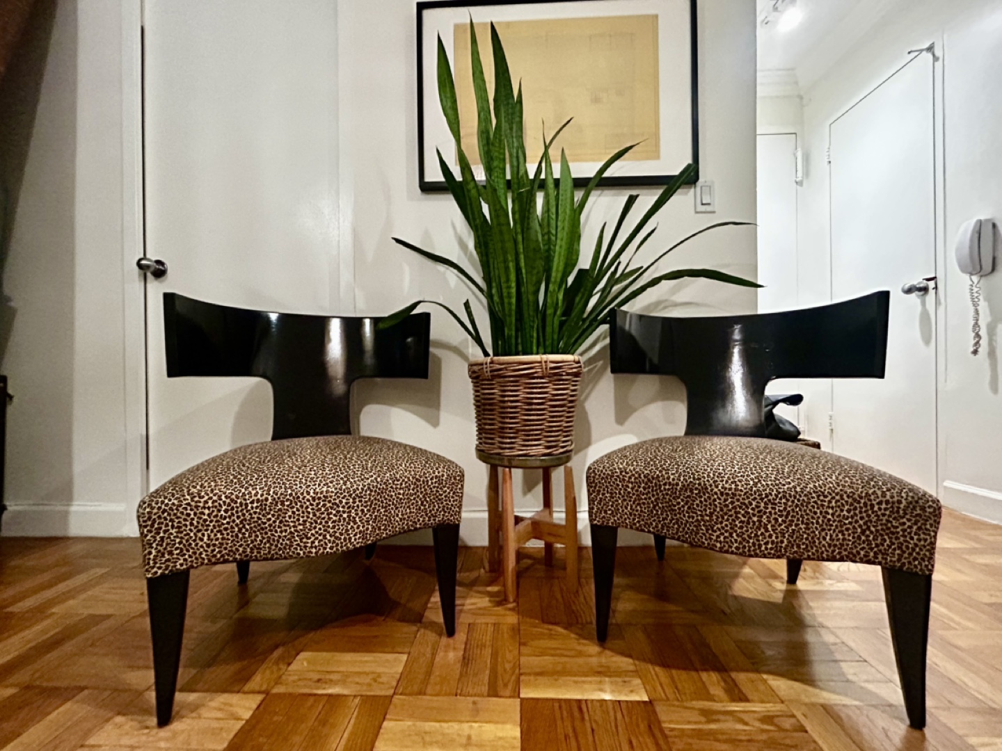 Pair of Donghia Klismos Chairs, Leopard Print Upholstery