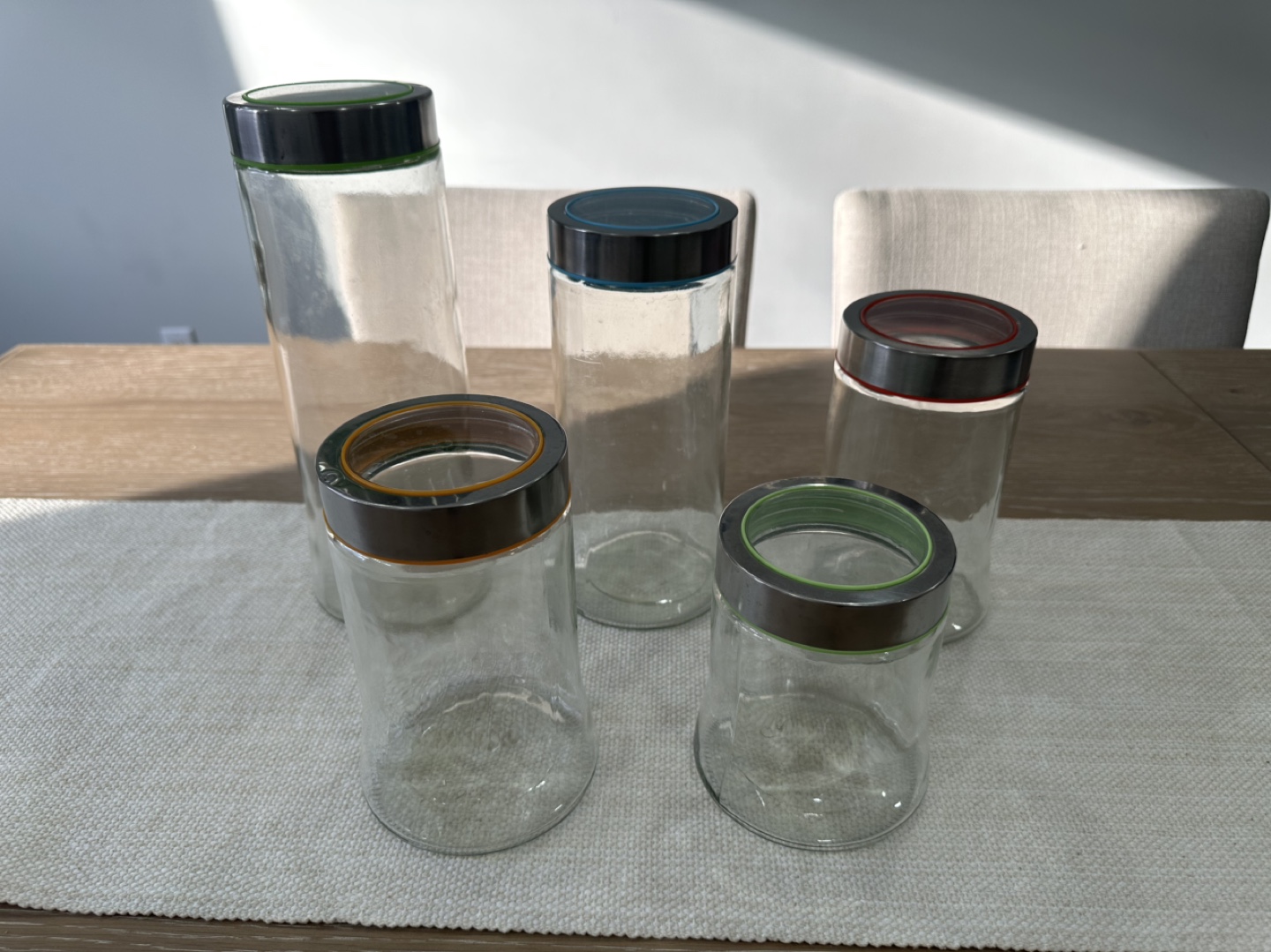 Set of 5 Glass Canisters with Coloured Accents