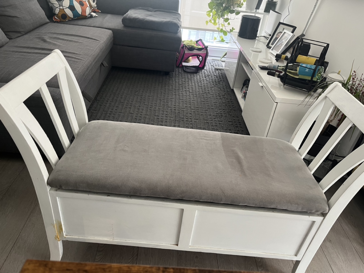 White Storage Bench with Grey Cushion