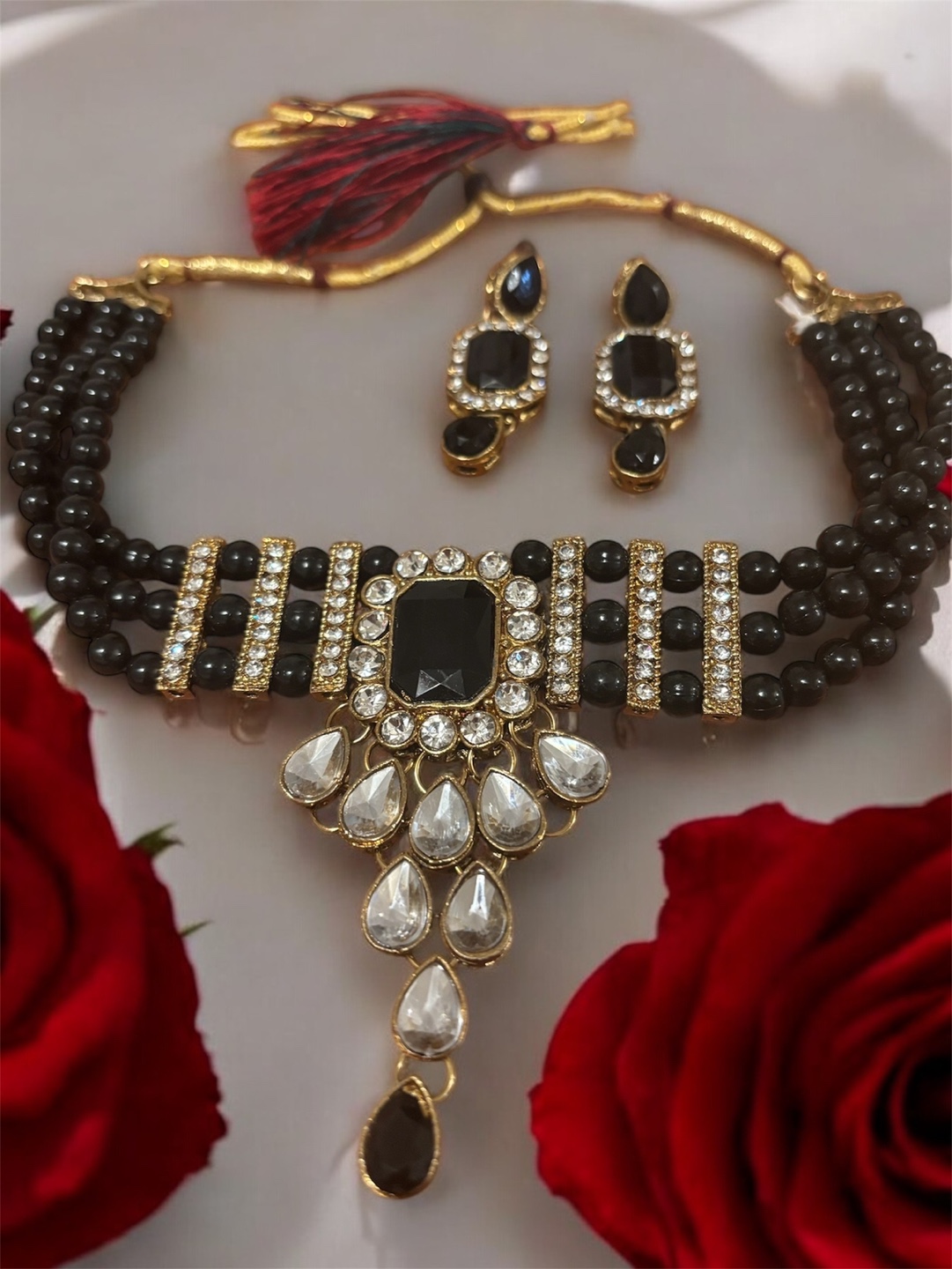 Black and Gold Beaded Choker Necklace Set