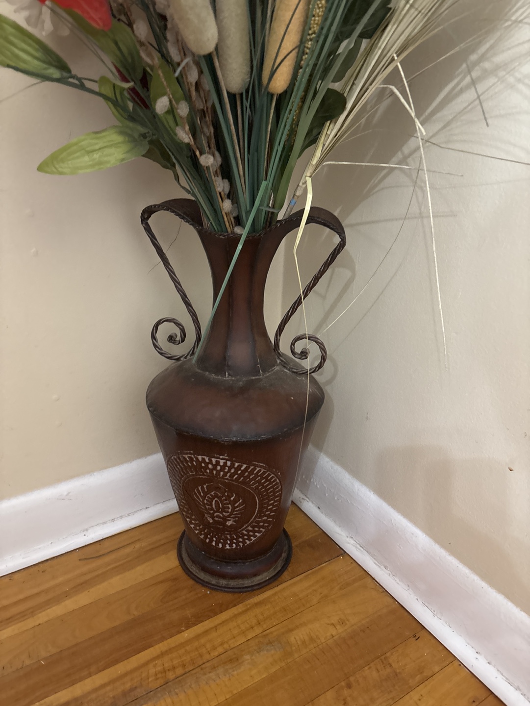 Tall Decorative Metal Vase with Artificial Flowers