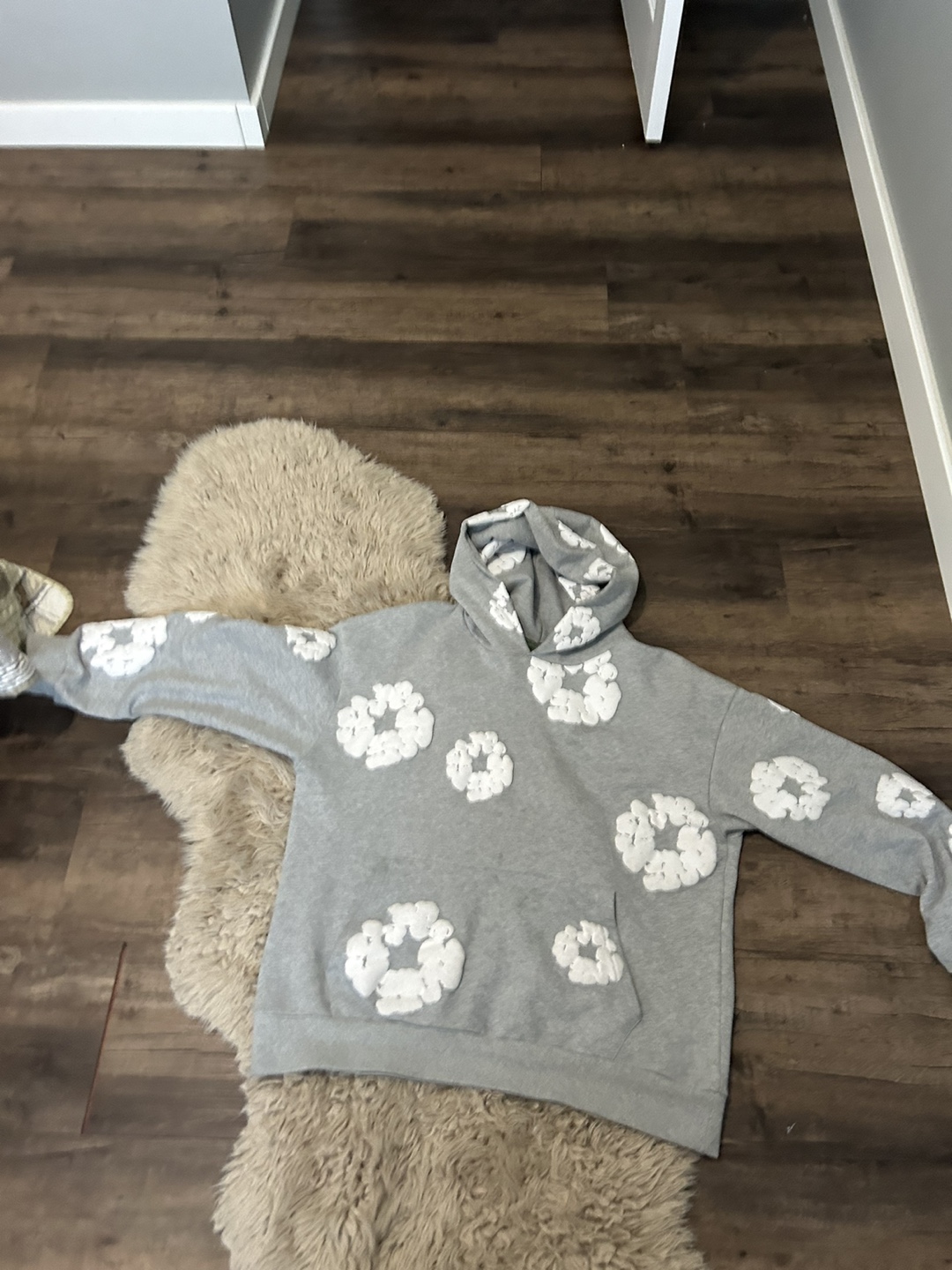 Grey Oversized Hoodie with White Flower Pattern