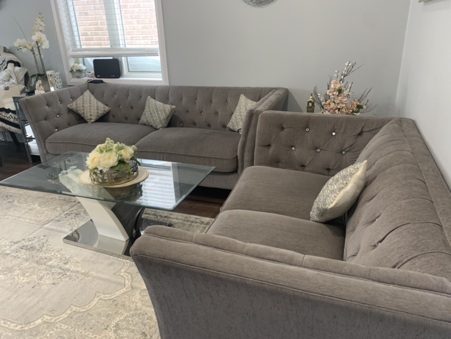 Set of two Grey Sectional Sofa with Crystal Button Tufting