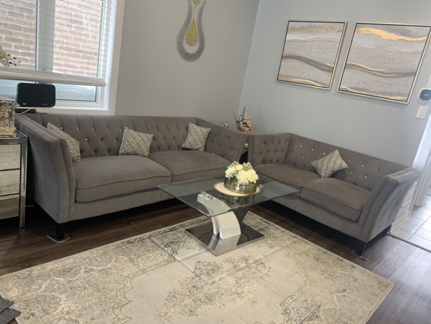 Set of two Grey Sectional Sofa with Crystal Button Tufting - photo 2