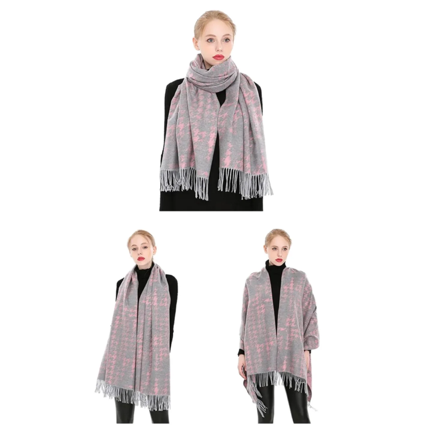 Grey and Pink Houndstooth Pattern Scarf with Tassels image indicator(2)