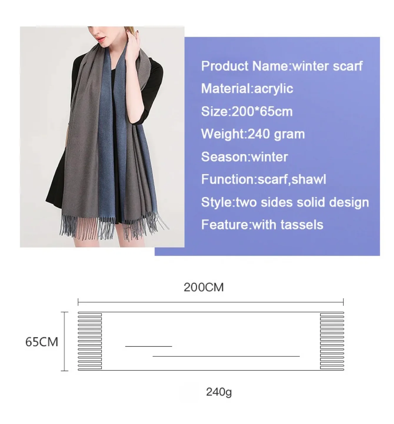 Two-Tone Dark Grey/Blue Warm Scarf - with Tassels image indicator(2)