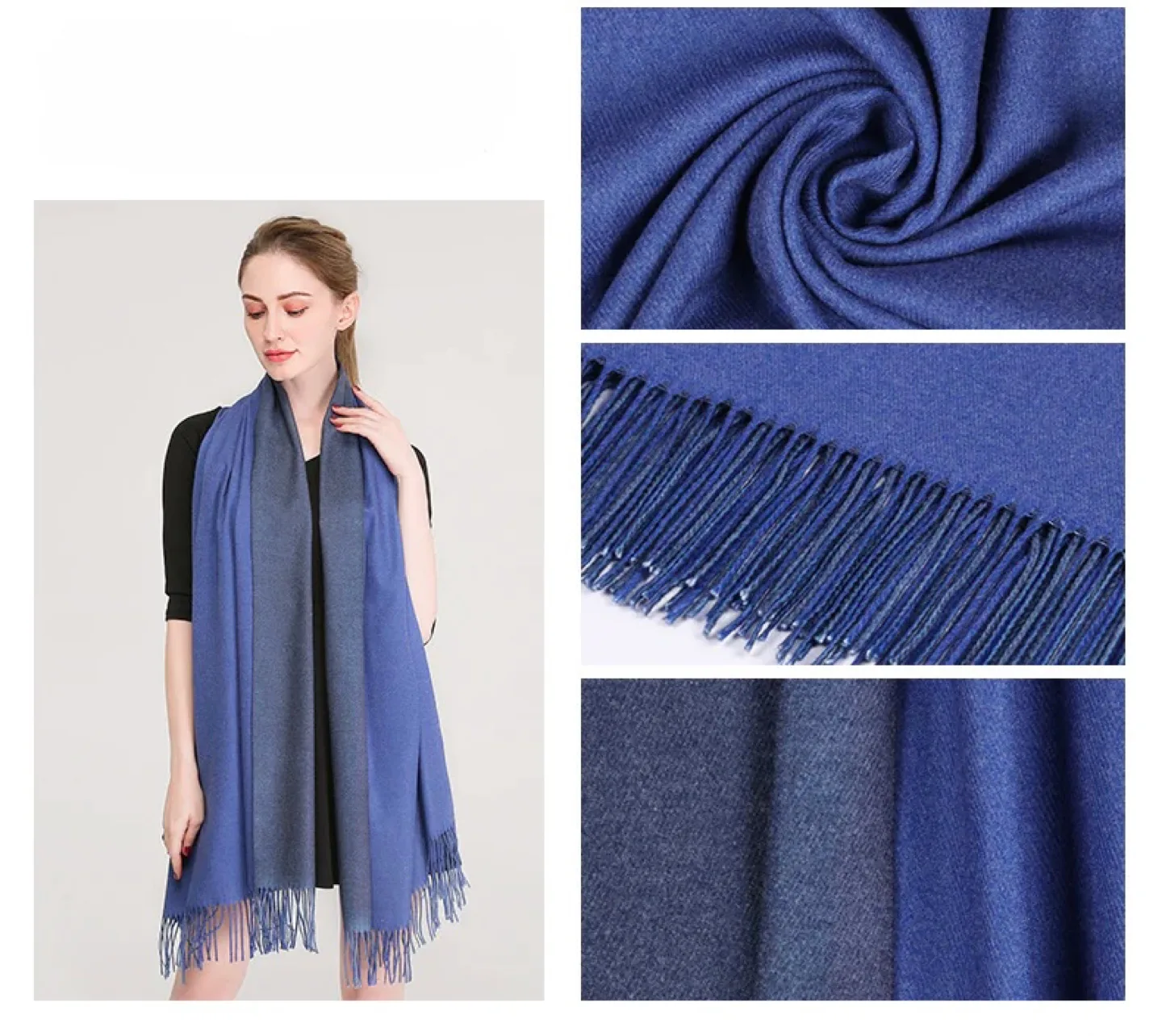 Two-Tone Dark Grey/Blue Warm Scarf - with Tassels image indicator(3)