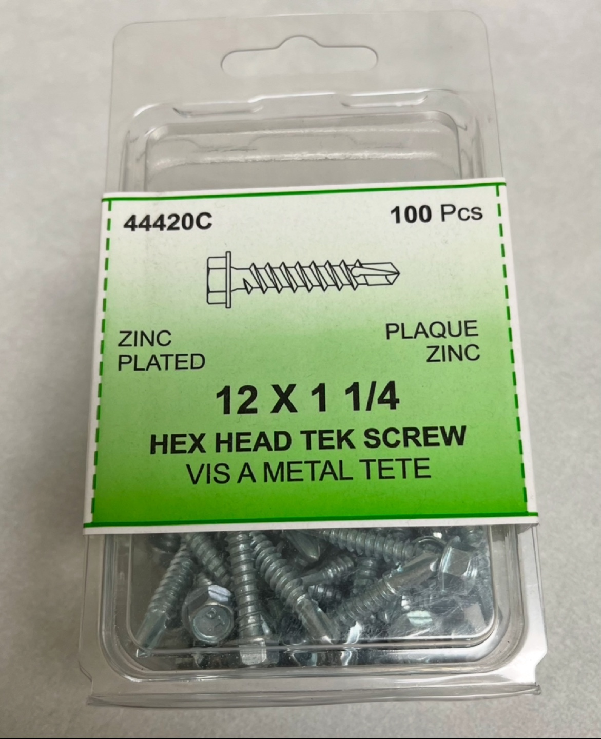 100 Pcs Zinc Plated Hex Head Tek Screws 12 x 1 1/4"
