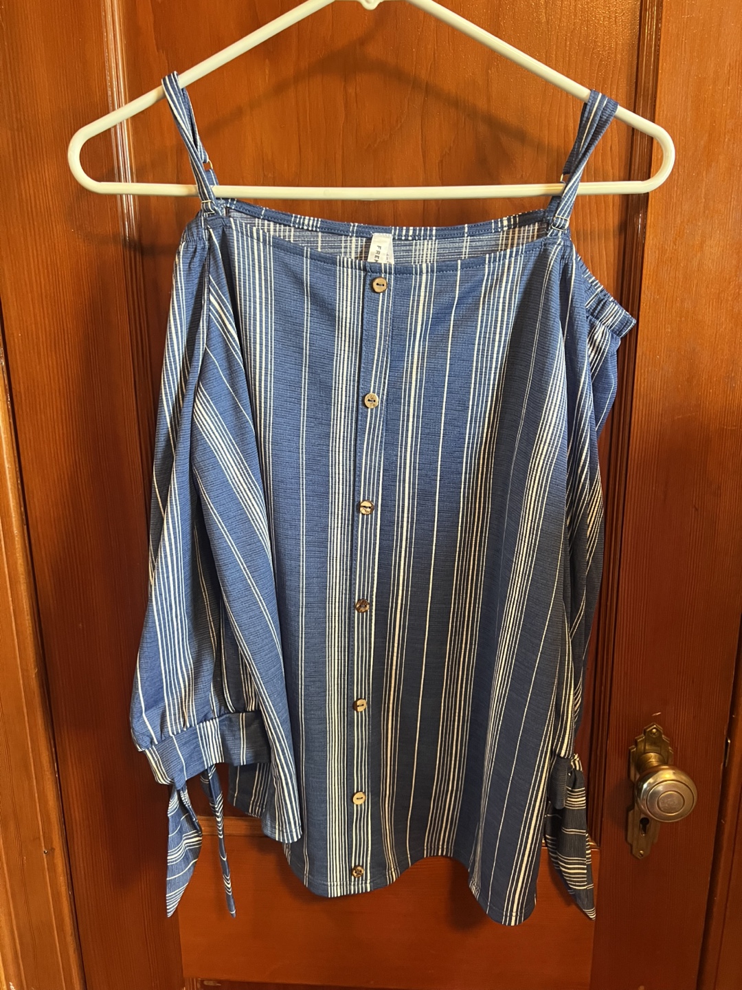Women's Blue and White Striped Off-the-Shoulder Blouse