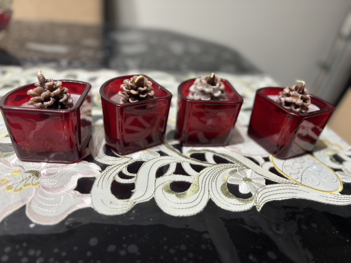 Set of Four Pine Cone Candles in Red Glass Holders - photo 5