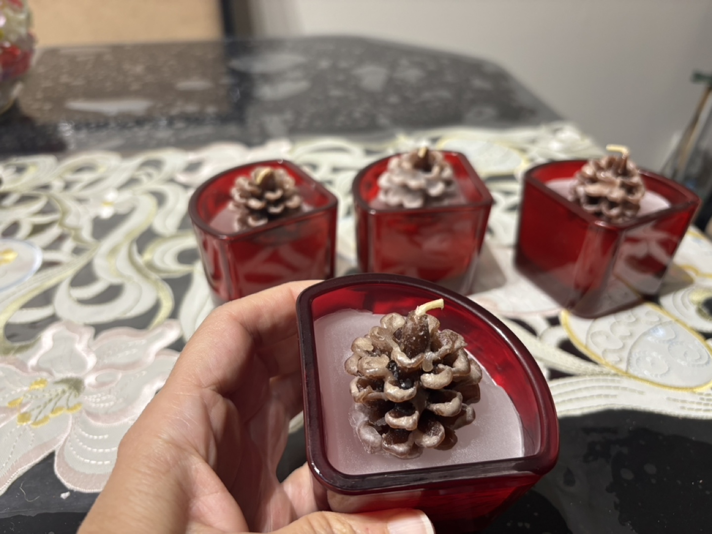Set of Four Pine Cone Candles in Red Glass Holders - photo 3