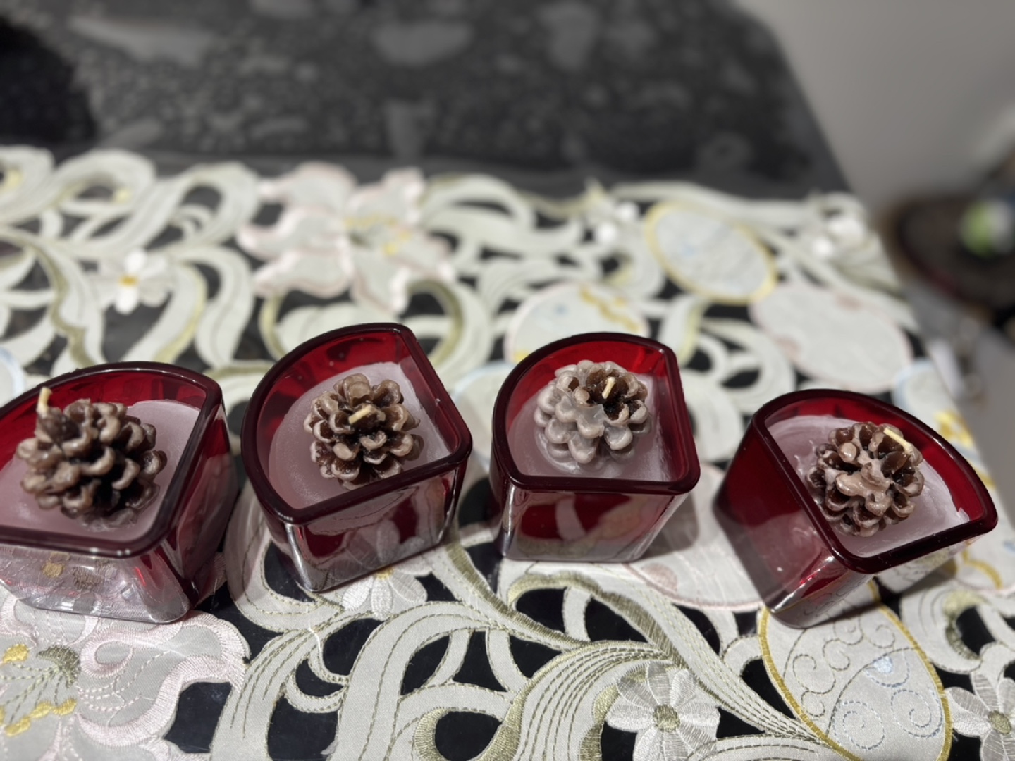 Set of Four Pine Cone Candles in Red Glass Holders - photo 4