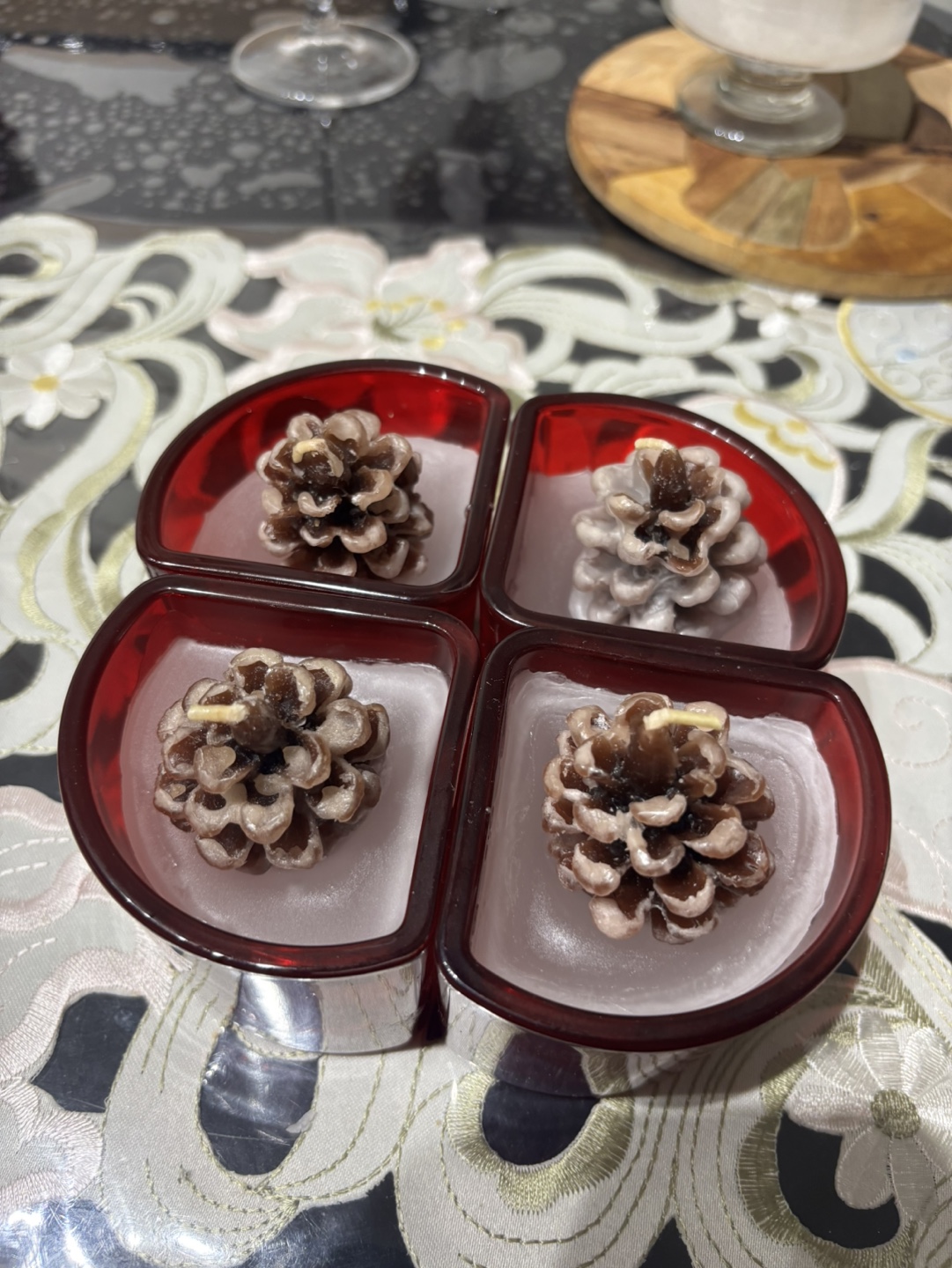 Set of Four Pine Cone Candles in Red Glass Holders - photo 2