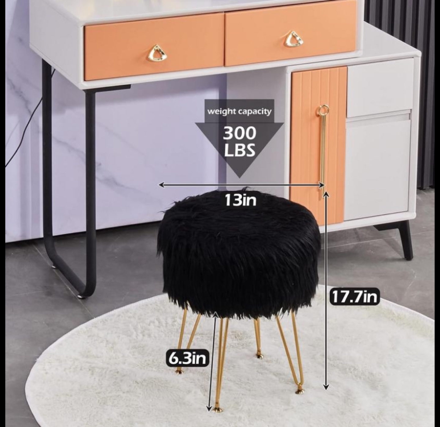 Black Faux Fur Ottoman Makeup Stool with Gold Metal Legs - photo 3