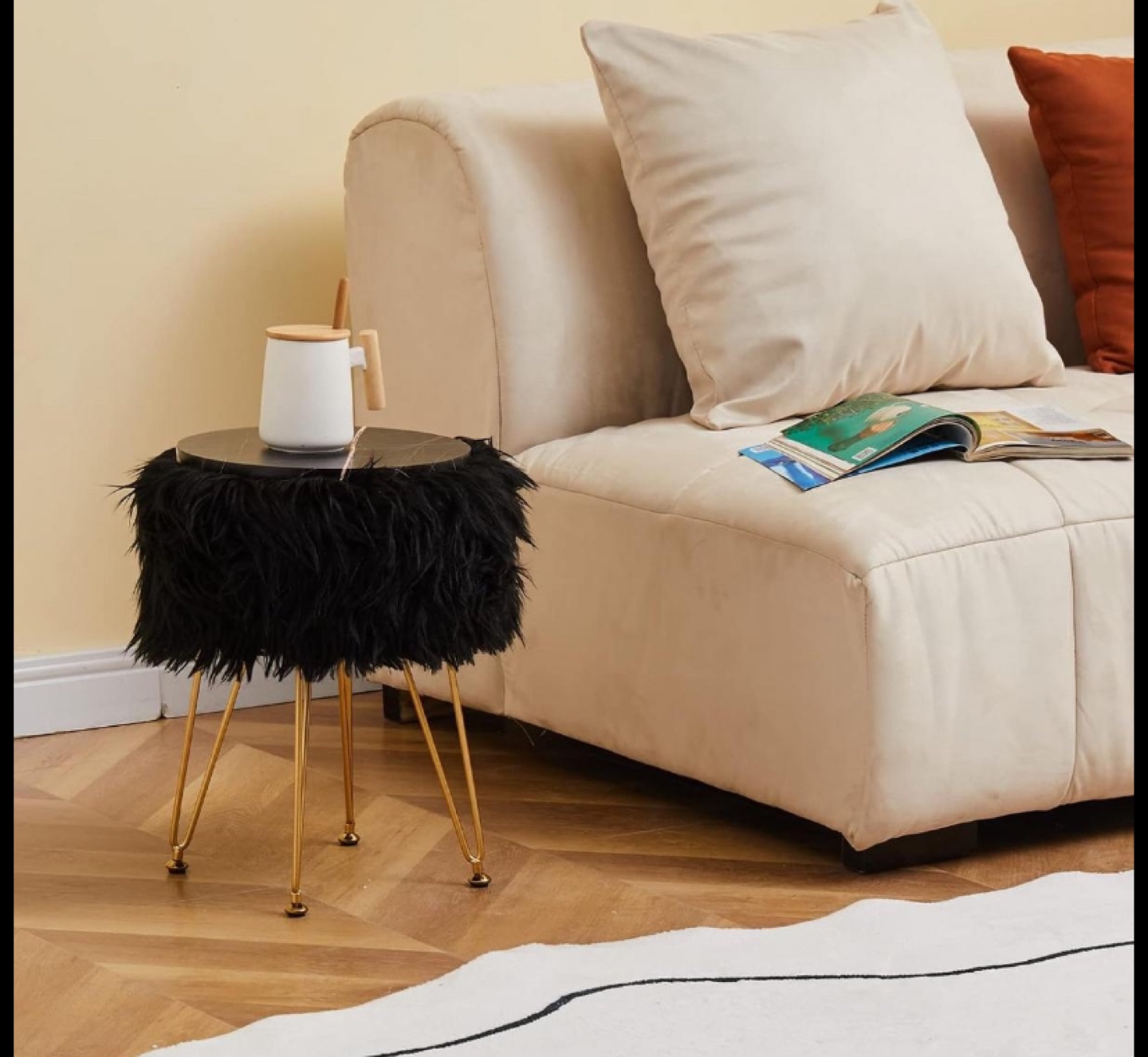 Black Faux Fur Ottoman Makeup Stool with Gold Metal Legs - photo 2