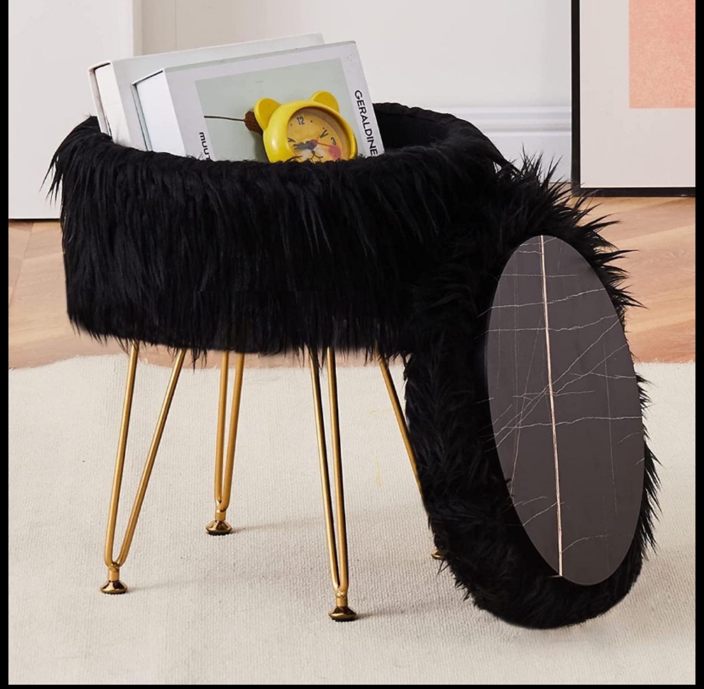 Black Faux Fur Ottoman Makeup Stool with Gold Metal Legs