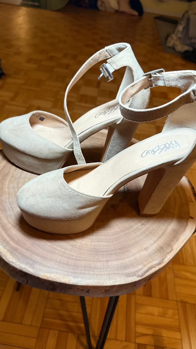 Beige Suede Platform Heels thumbnail
