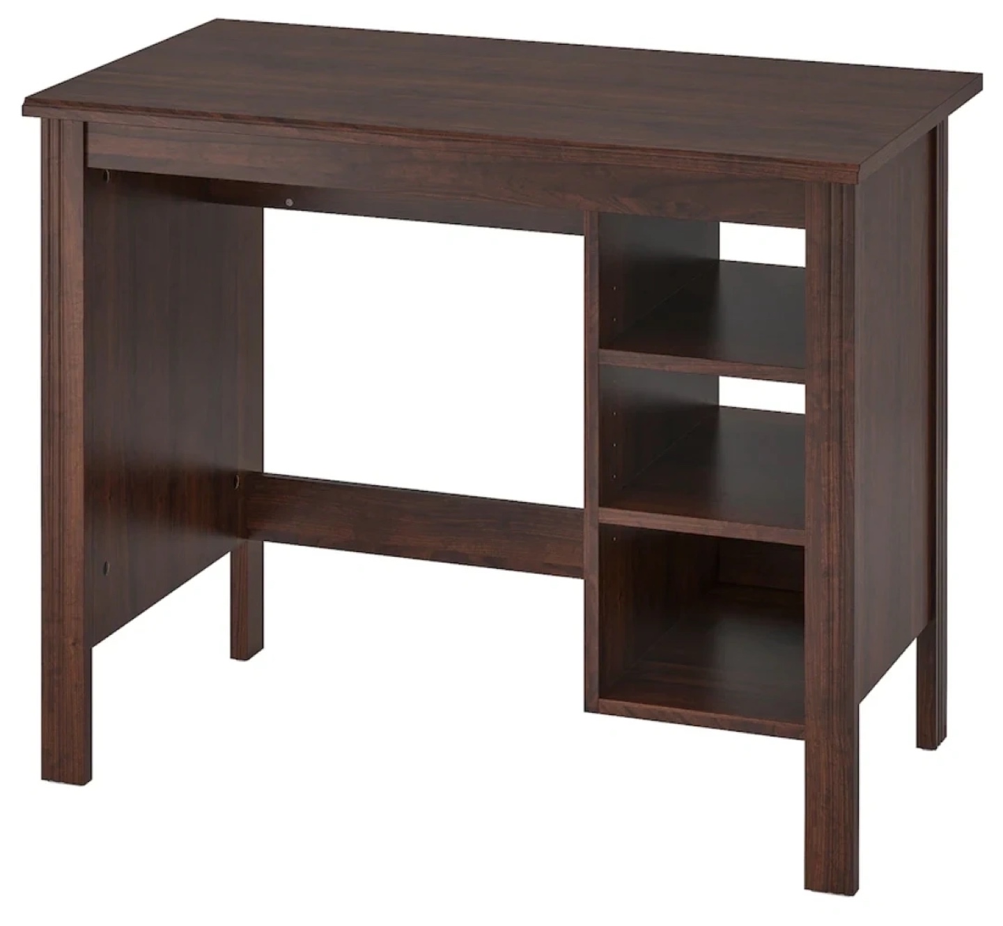 Dark brown wooden desk with shelving