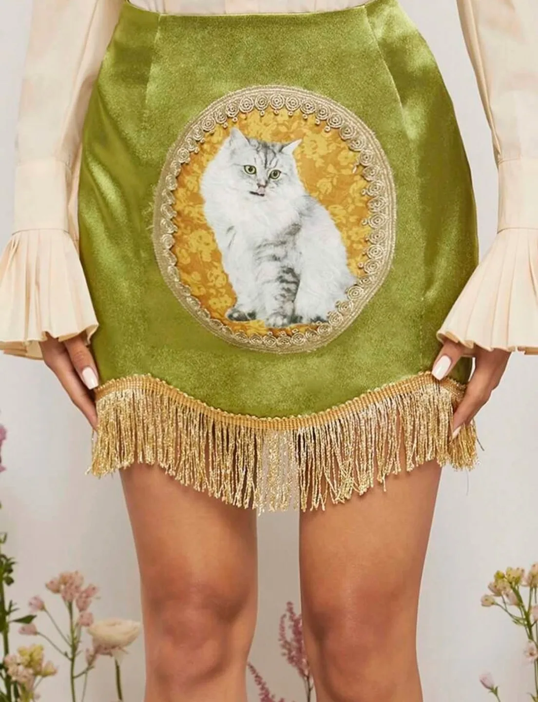 Green Cat Satin Mini Skirt with Gold Fringe thumbnail