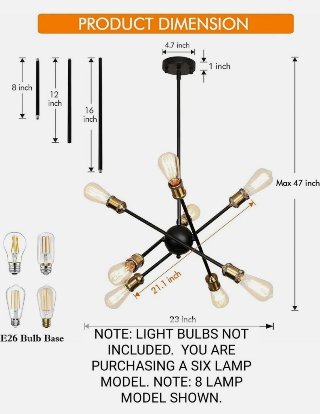 6-Light Sputnik Chandelier, Black and Gold - photo 5