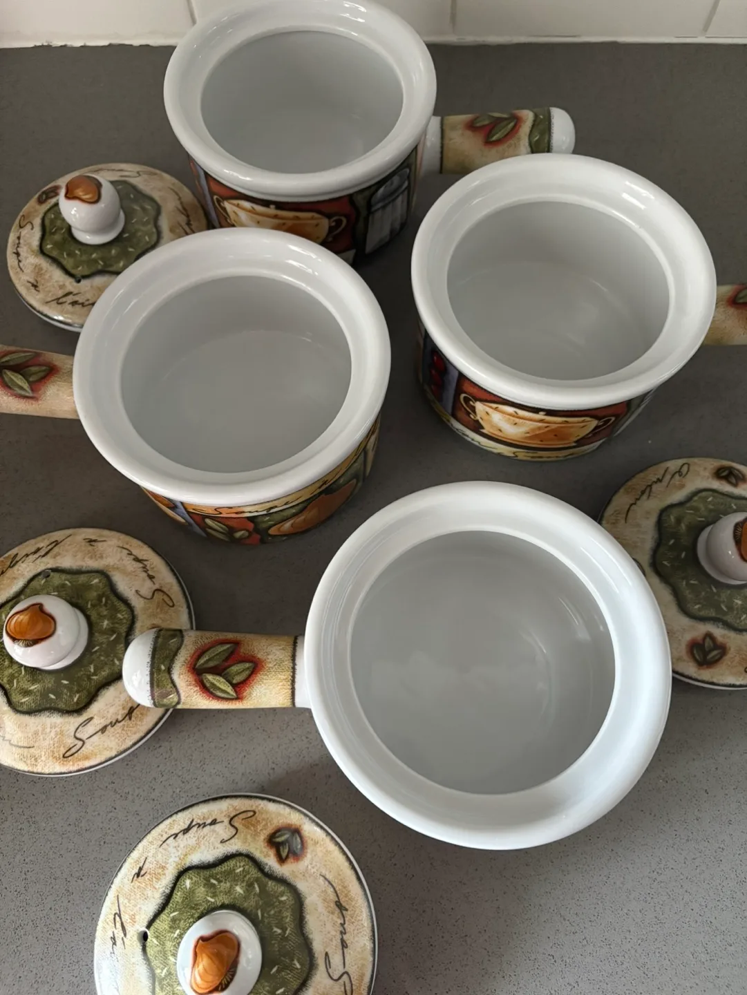 Set of four ceramic soup crocks with lids image indicator(5)