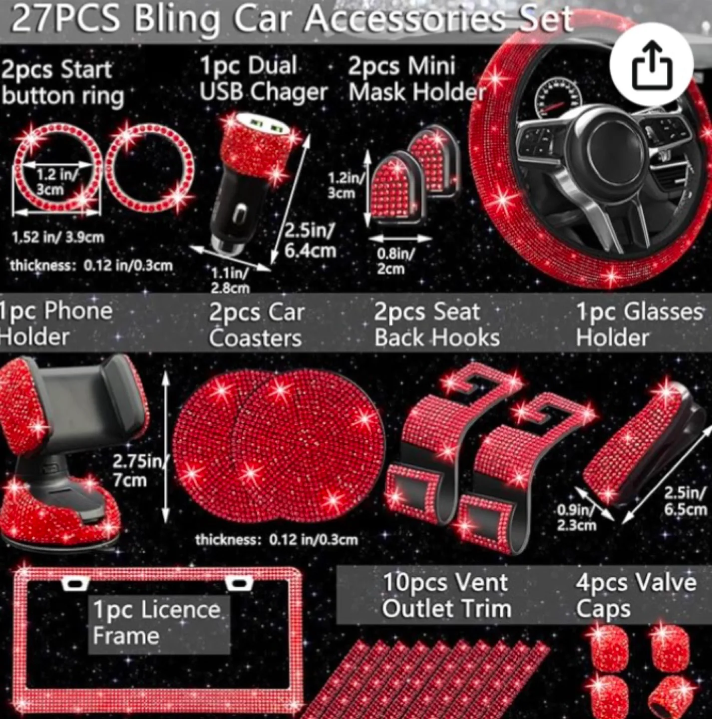 27PCS Bling Car Accessories Set - Red Rhinestone image indicator(2)