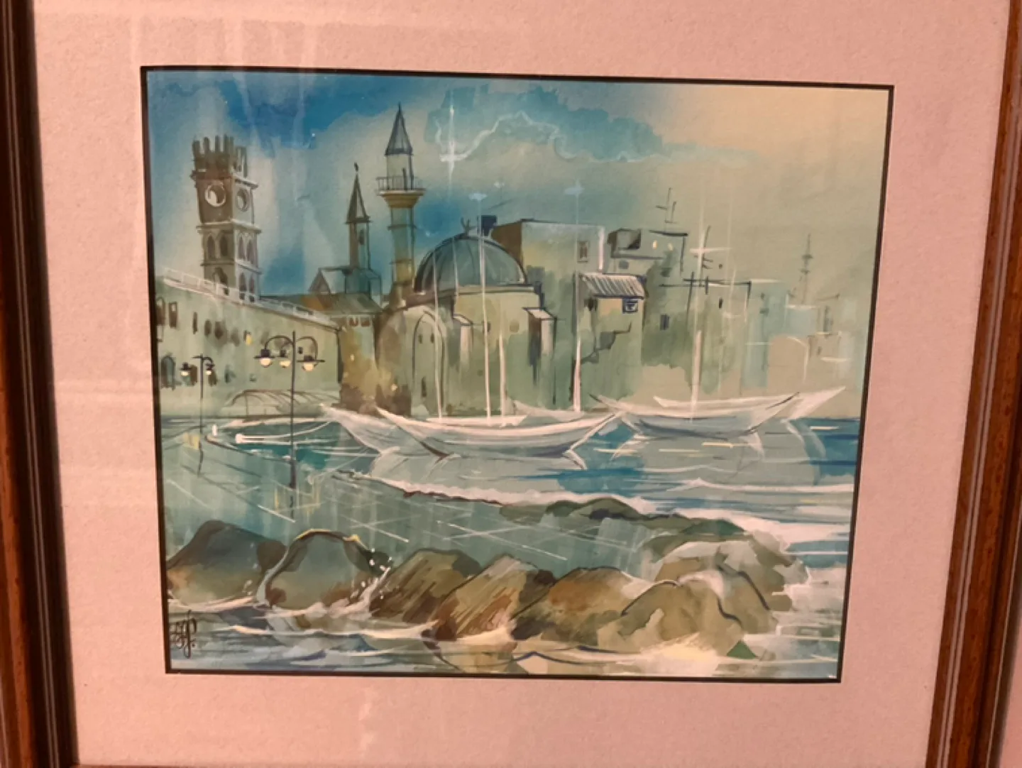 Framed Watercolor Painting of Harbor Scene image indicator(2)