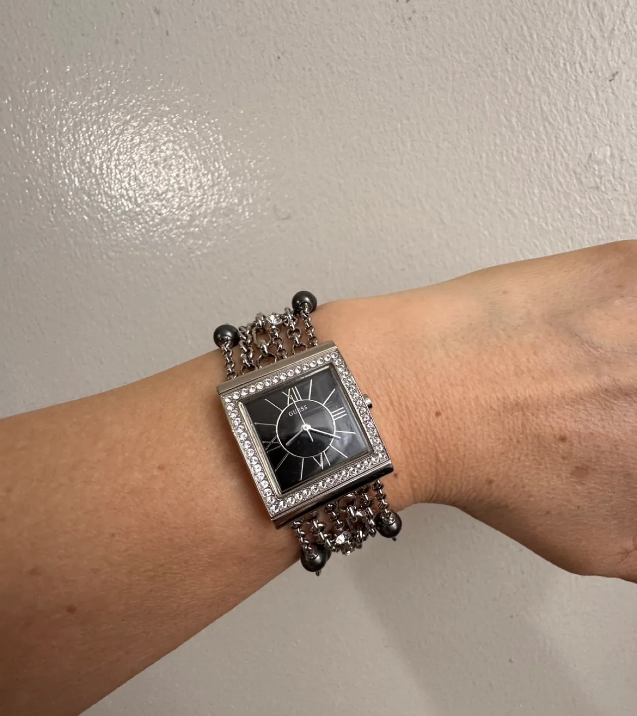 Guess Women's Square Black Face Watch with Beaded Bracelet image indicator(3)