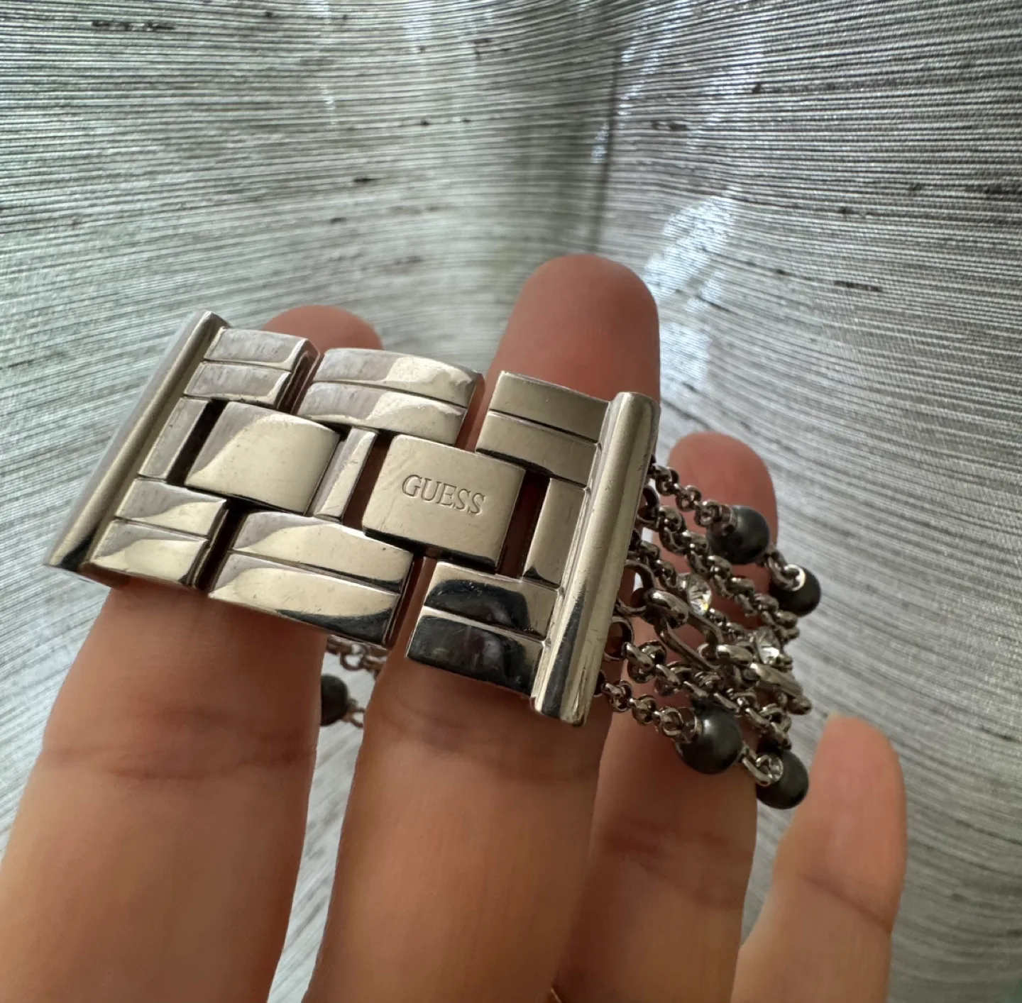 Guess Women's Square Black Face Watch with Beaded Bracelet image indicator(5)