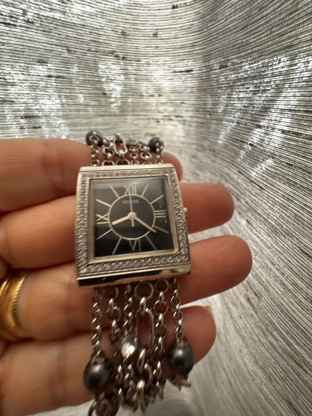 Guess Women's Square Black Face Watch with Beaded Bracelet image indicator(4)