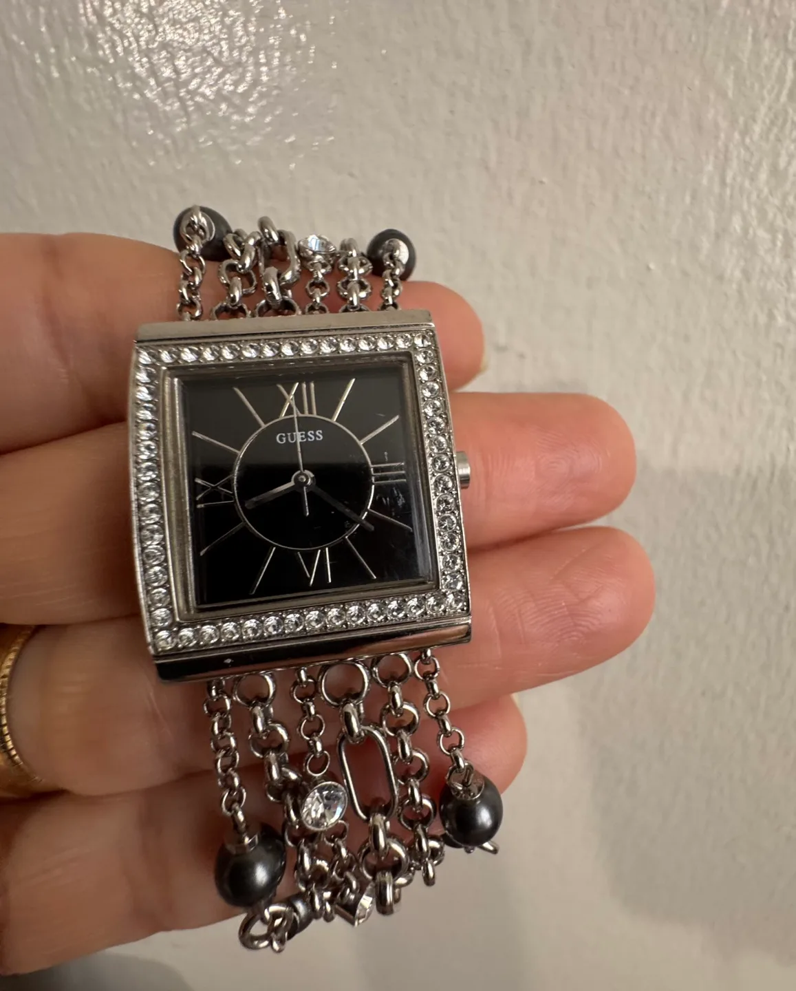 Guess Women's Square Black Face Watch with Beaded Bracelet image indicator(2)