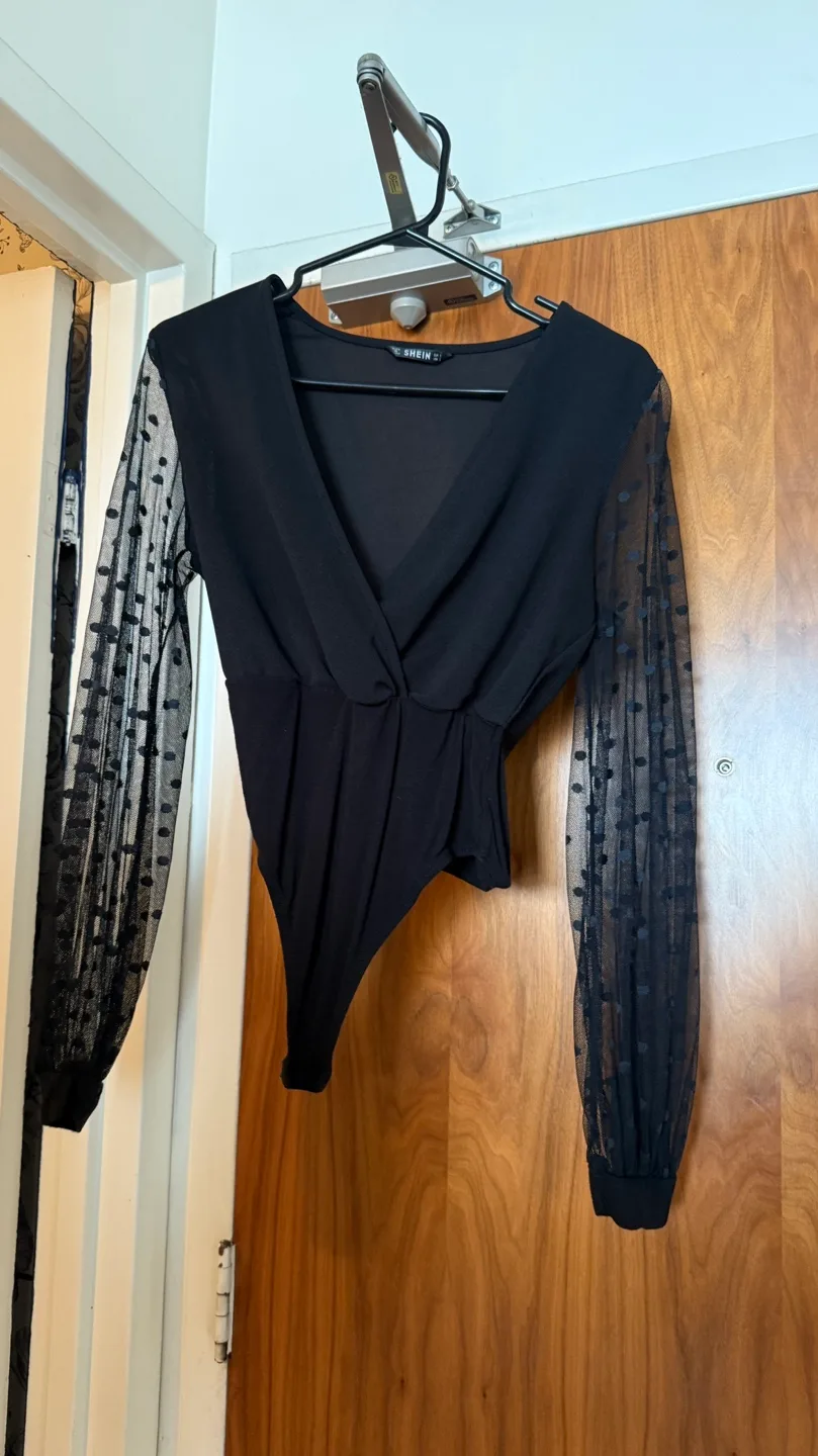 SHEIN Black Bodysuit with Mesh Polka Dot Sleeves thumbnail