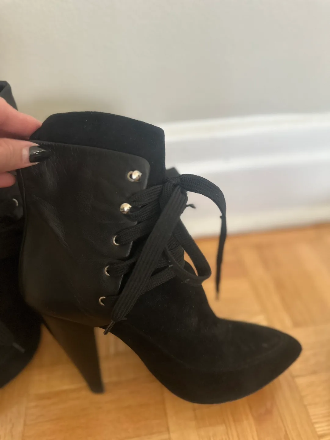 Black Suede and Leather Lace-Up Booties image indicator(2)
