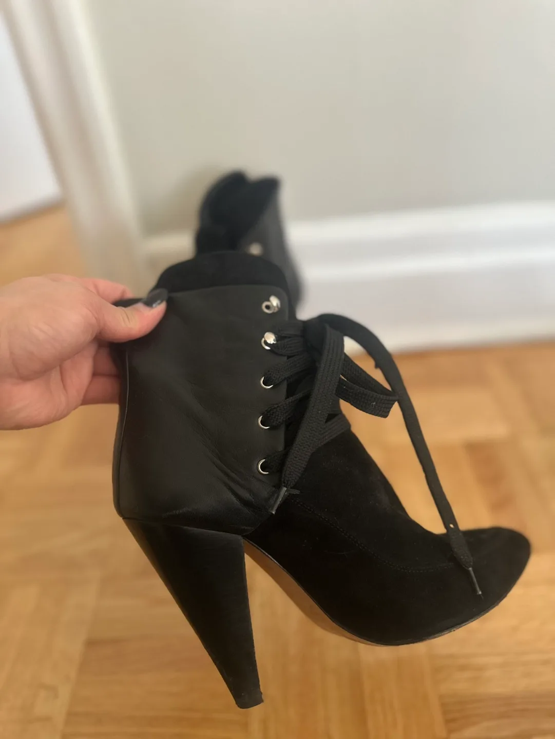 Black Suede and Leather Lace-Up Booties image indicator(3)